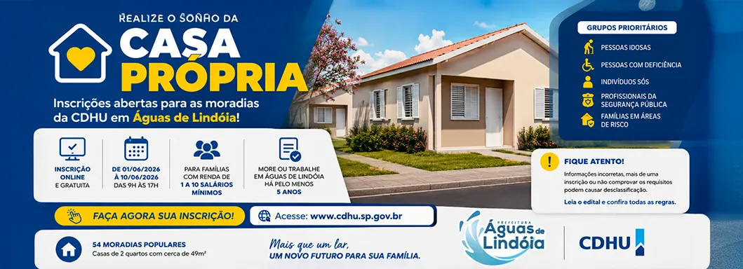 Prefeitura de Águas de Lindóia abre inscrições para moradias da CDHU;