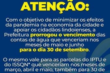 Prefeitura prorroga vencimento de contas de água dos meses de maio e junho para 30 de setembro