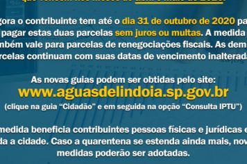 NOVO PRAZO DE VENCIMENTO DAS PARCELAS DO IPTU / ISS / TAXAS QUE VENCEM EM ABRIL/MAIO