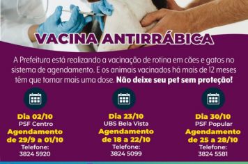 Vigilância Epidemiológica retifica calendário de vacinação contra a raiva para o mês de outubro