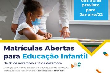 Secretaria de Educação abre matrículas para Educação Infantil em 2022