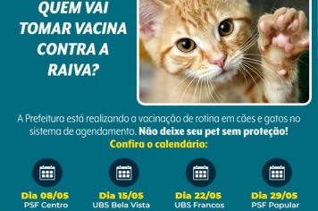 Secretaria de Saúde prossegue com vacinação de rotina contra a raiva em cães e gatos