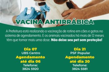 Vigilância Epidemiológica divulga datas de vacinação contra a raiva para o mês de maio