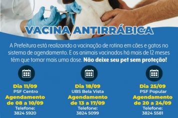 Vigilância Epidemiológica divulga calendário de vacinação contra a raiva para o mês de setembro