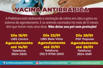 Vigilância Epidemiológica divulga calendário de vacinação contra a raiva para o mês de janeiro