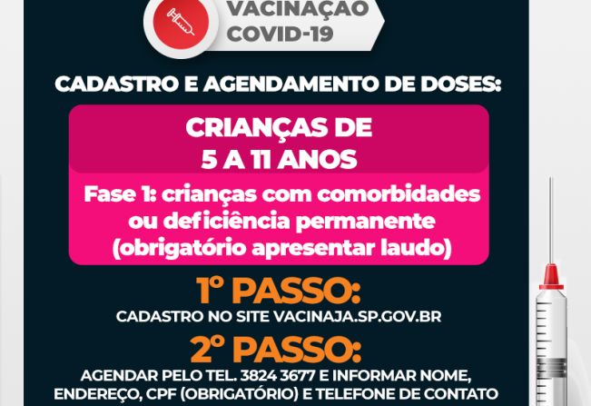 Águas de Lindoia começa a vacinar crianças de 5 a 11 anos na sexta-feira, dia 21