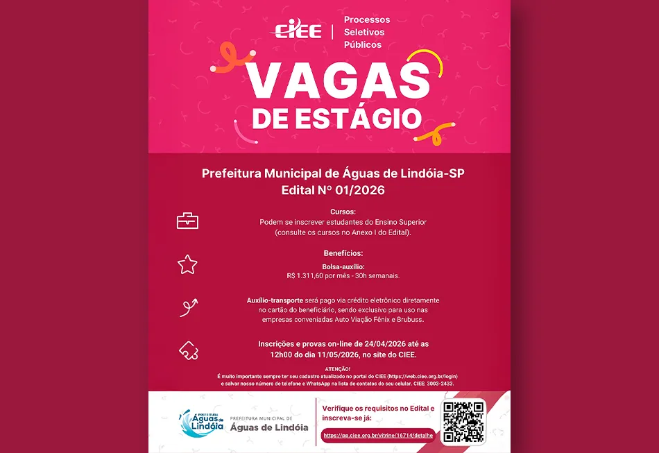Prefeitura de Águas de Lindóia abre processo seletivo para estagiários em parceria com o CIEE