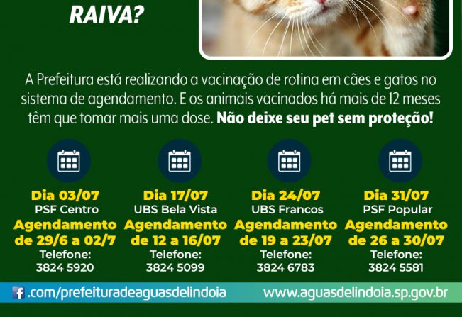 Vigilância Epidemiológica divulga calendário de vacina contra a raiva para julho